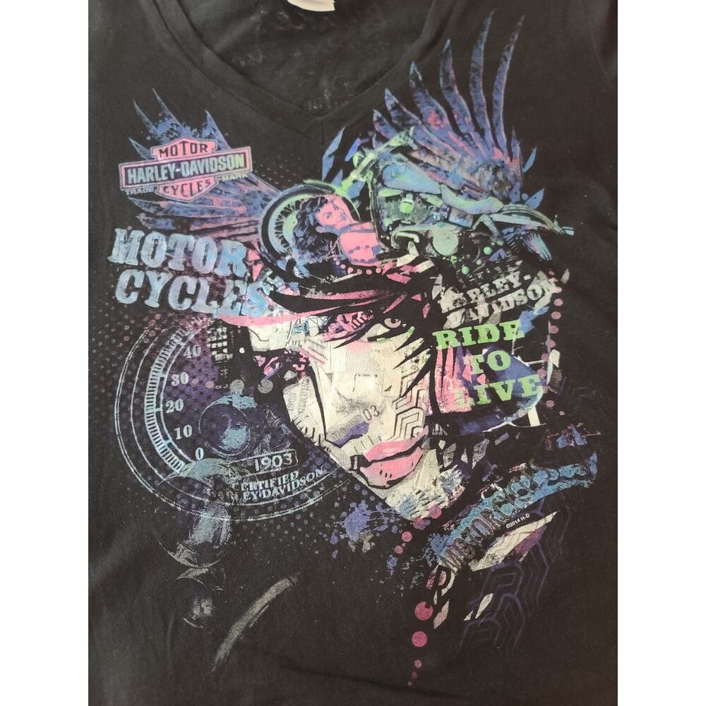 Harley Davidson black long sleeve v-neck shirt abstract lady gauge design- large
